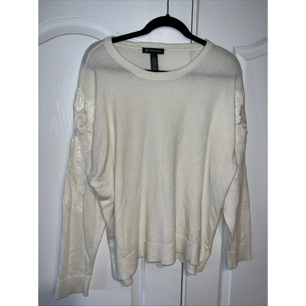 INC international concepts Sweater Women Creme Cashmere Blend Large Sequin Sleev